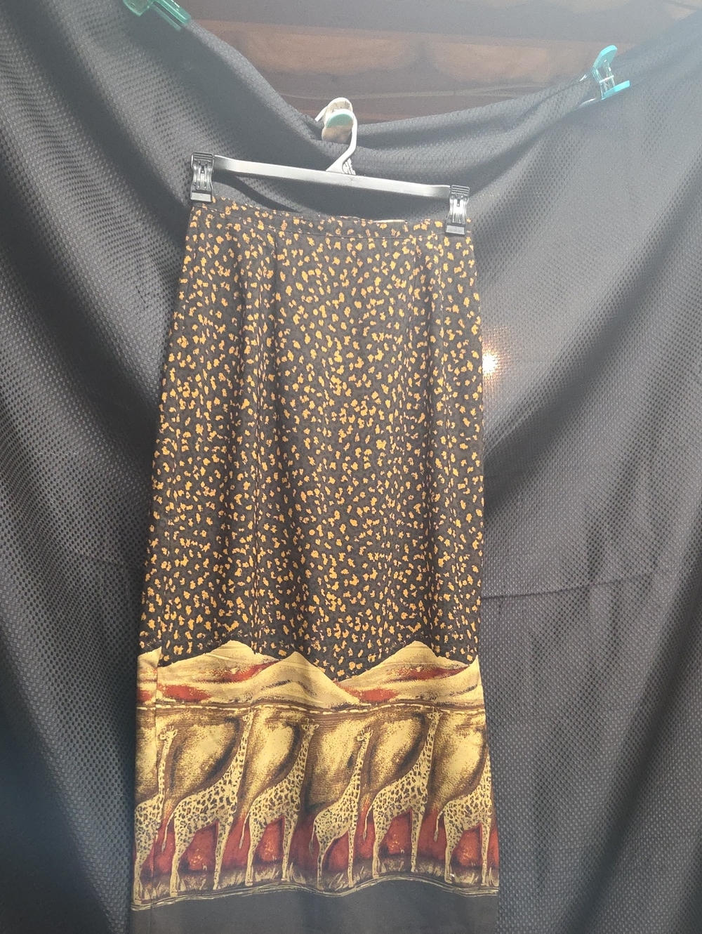 Vintage Black and Gold Maxi Skirt with Giraffe Border, Lined